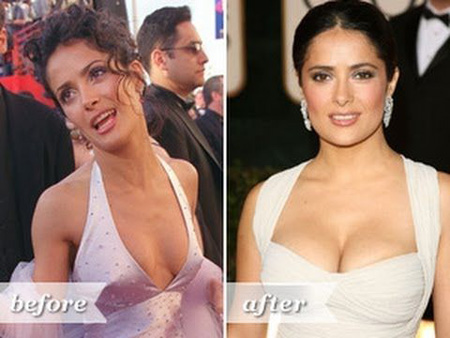 Before and after picture of Salma Hayek with different size boobs.